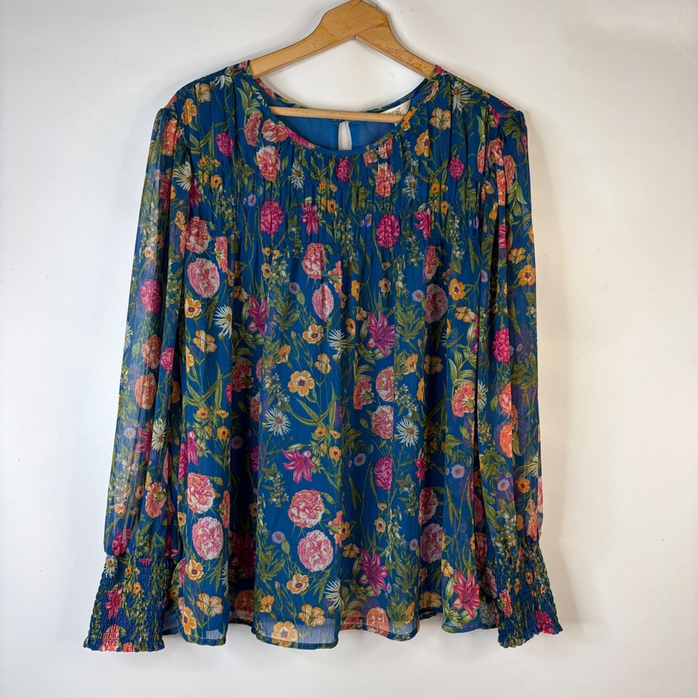 Terra & Sky Blouse Women 2X Blue Floral Smocked Chiffon Long Sleeve Top